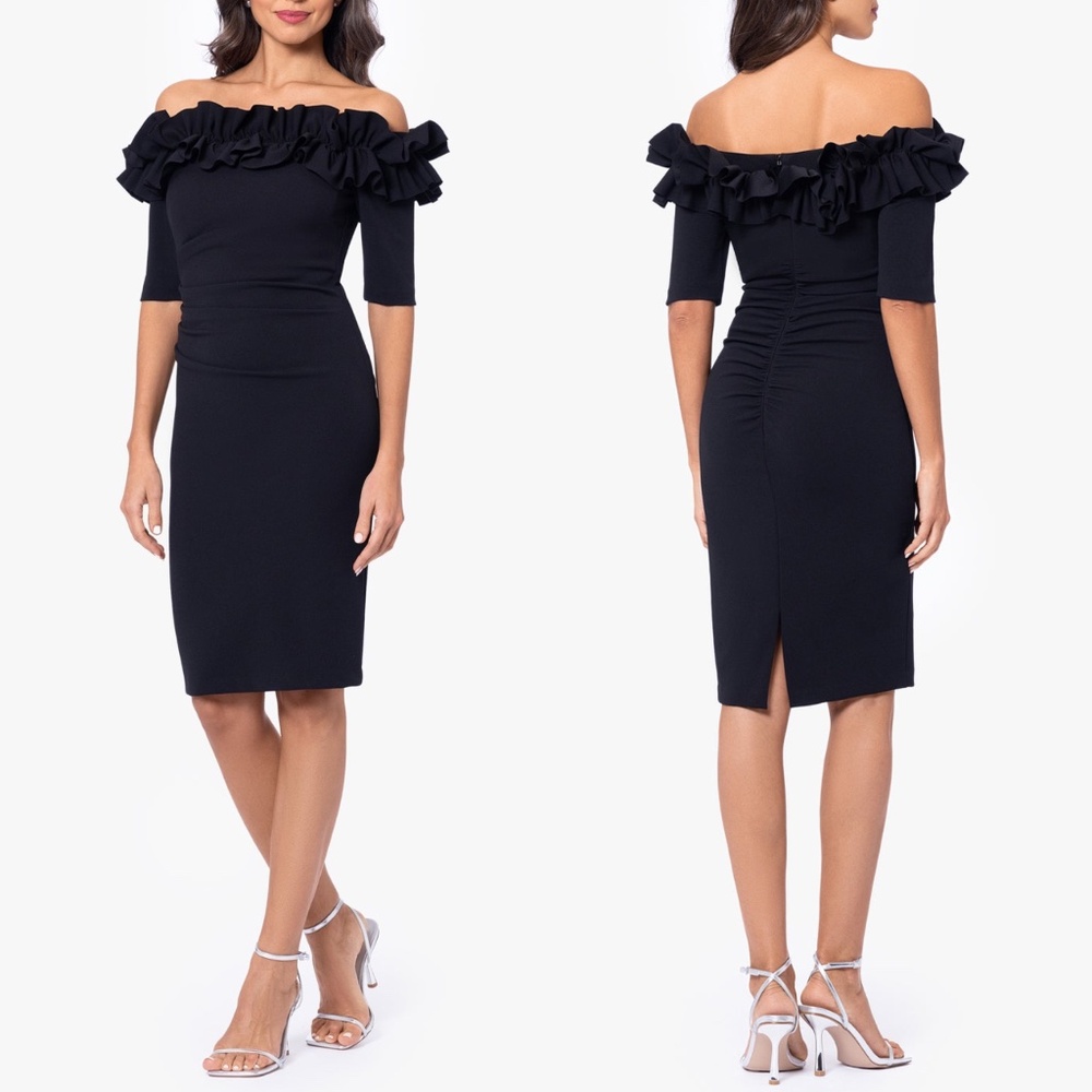 NEW XSCAPE Black RUFFLE Off The Shoulder BRYNLEIGH Scuba Crepe COCKTAIL DRESS 4